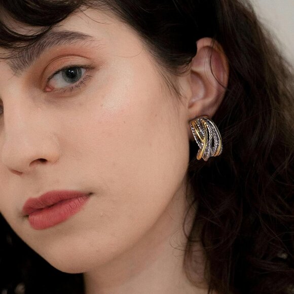 Two Tone Silver Gold Huggie Hoop Earrings with Crossover Twisted Rope Design for - Picture 3 of 6